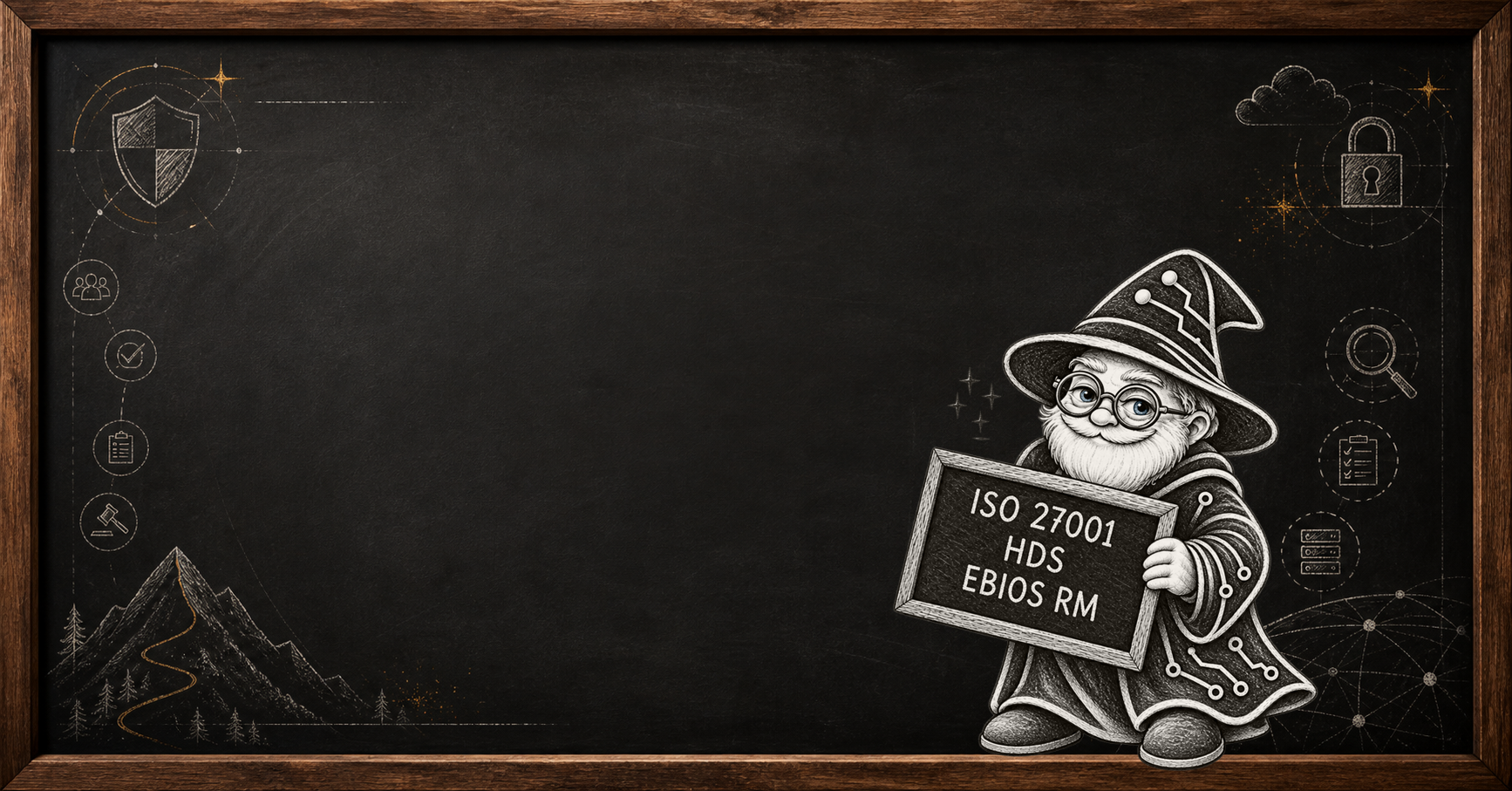 Tableau noir encadré de bois, illustré de schémas à la craie autour de la cybersécurité et de la mascotte de Frédéric Bias.